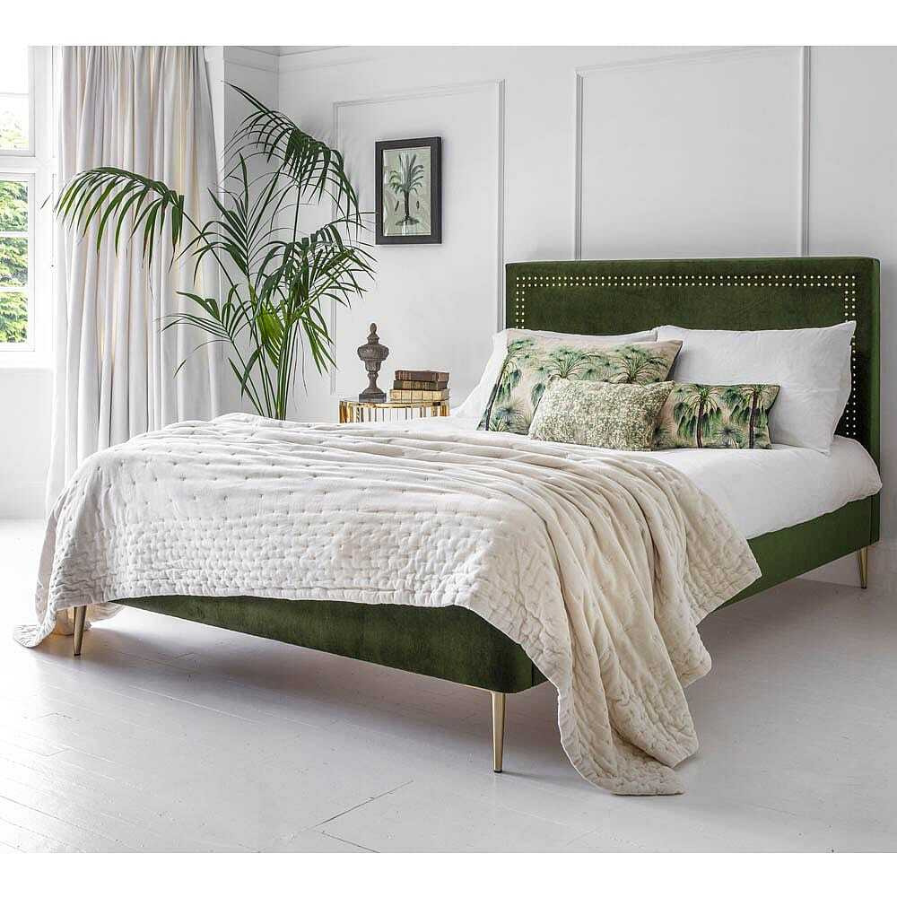 Absinthe Green Velvet Upholstered Bed (Double Bed)
