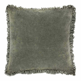 Lara Ruffled Velvet Cushion in Moss Green - thumbnail 1