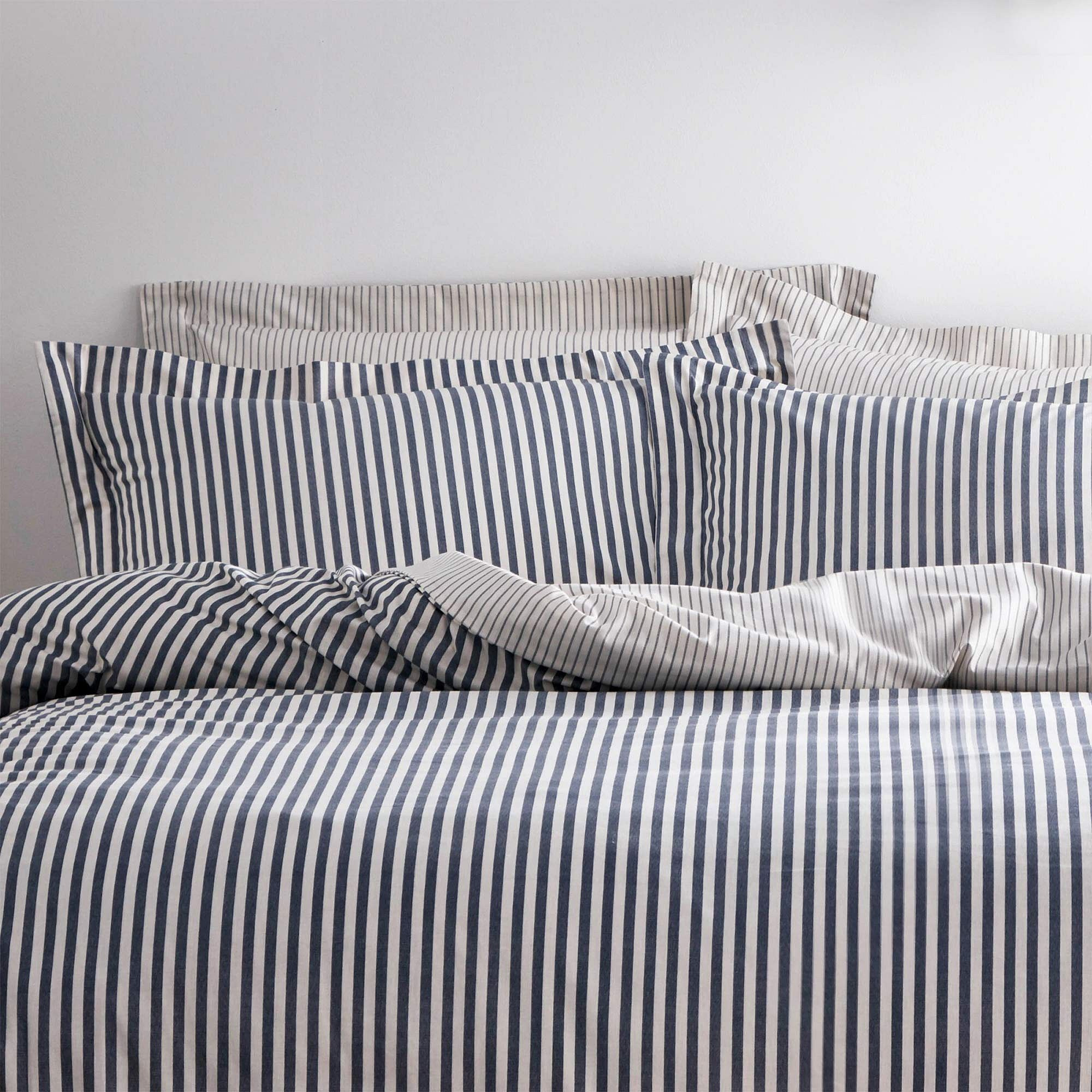 Petit Breton Stripe Bed Linen Set in Sea Blue (Single Set) by French Bedroom