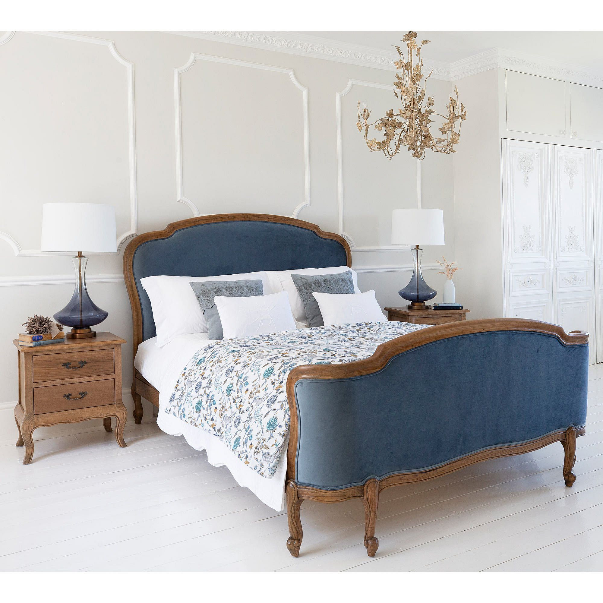Love Story Blue Velvet Upholstered French Bed (King Size) - image 1