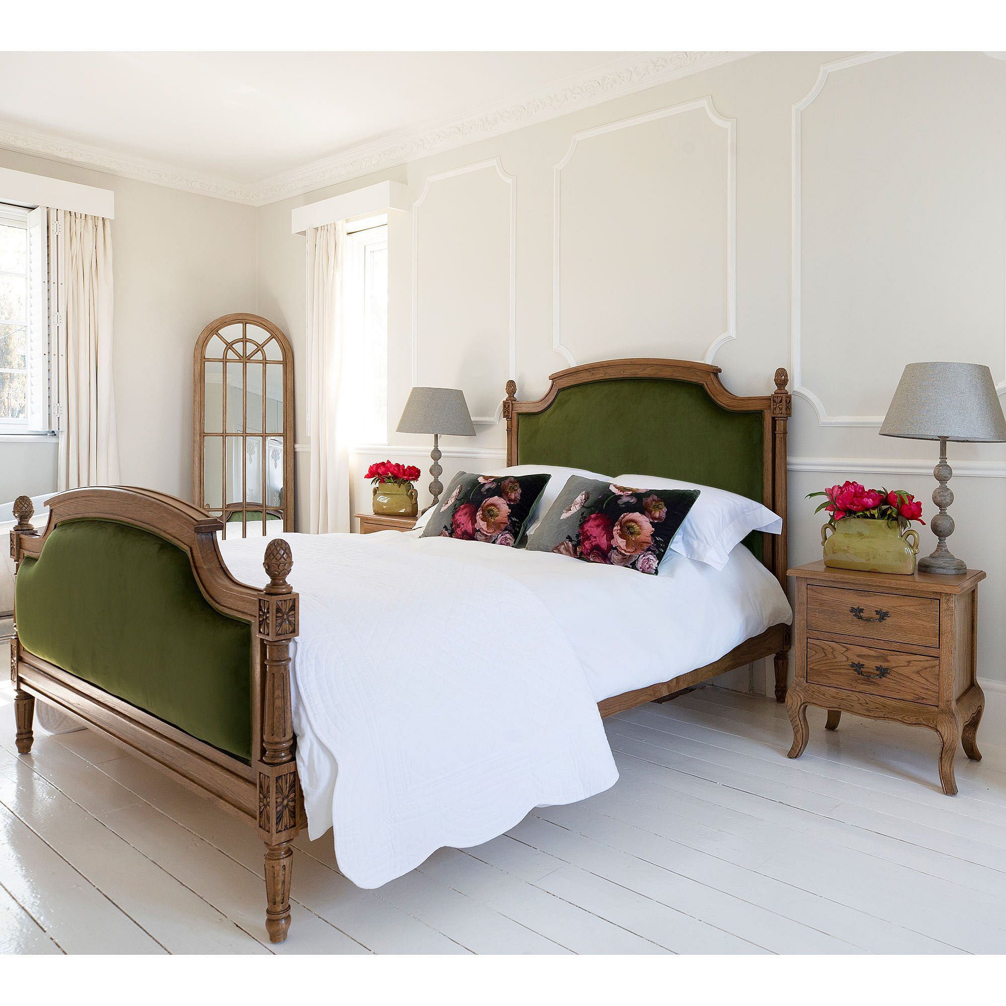 Love Story Olive Velvet Upholstered Finial Bed (King Size) - image 1