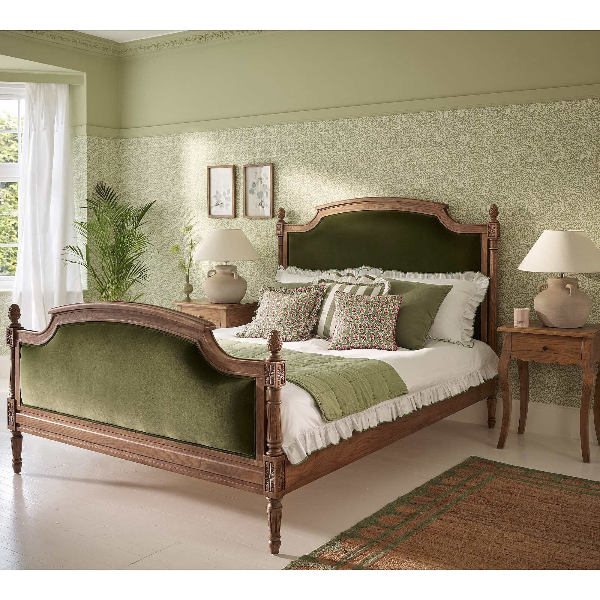 Love Story Olive Velvet Upholstered Finial Bed (King Size)  (Not Quite Perfect) - image 1