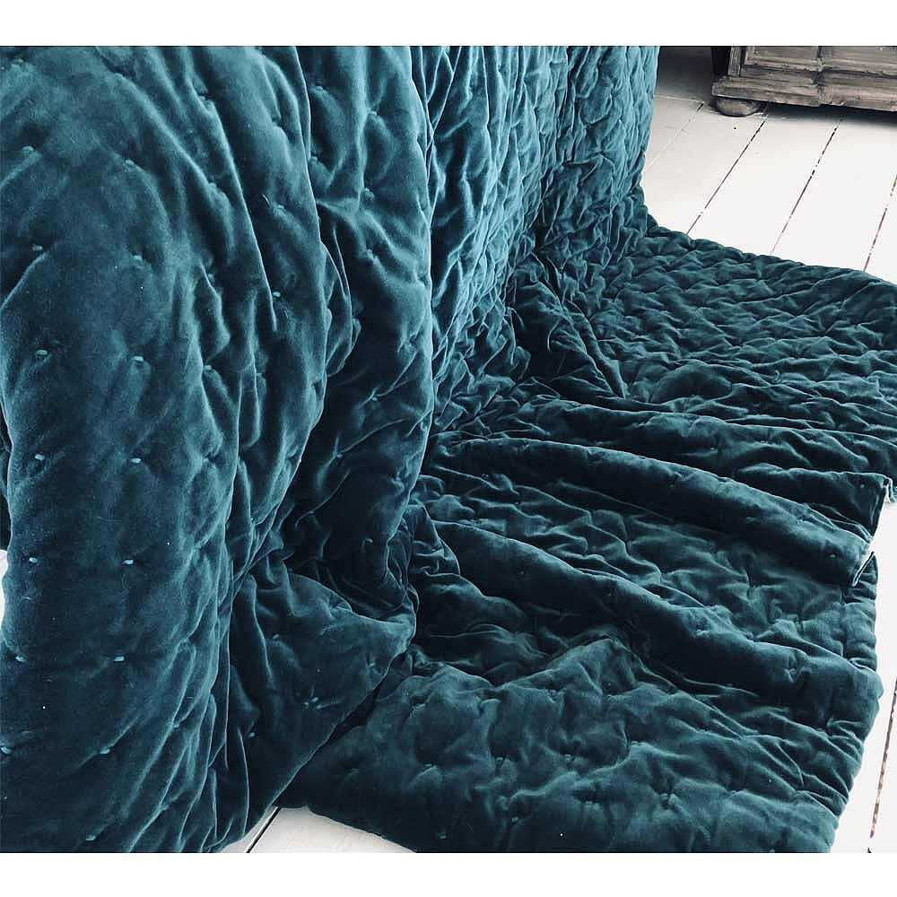 Teal Blue Cotton Velvet Quilted Bedspread - image 1