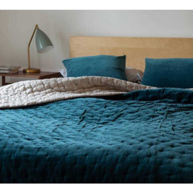 Teal Blue Cotton Velvet Quilted Bedspread - thumbnail 2