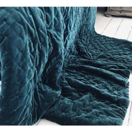 Teal Blue Cotton Velvet Quilted Bedspread - thumbnail 1