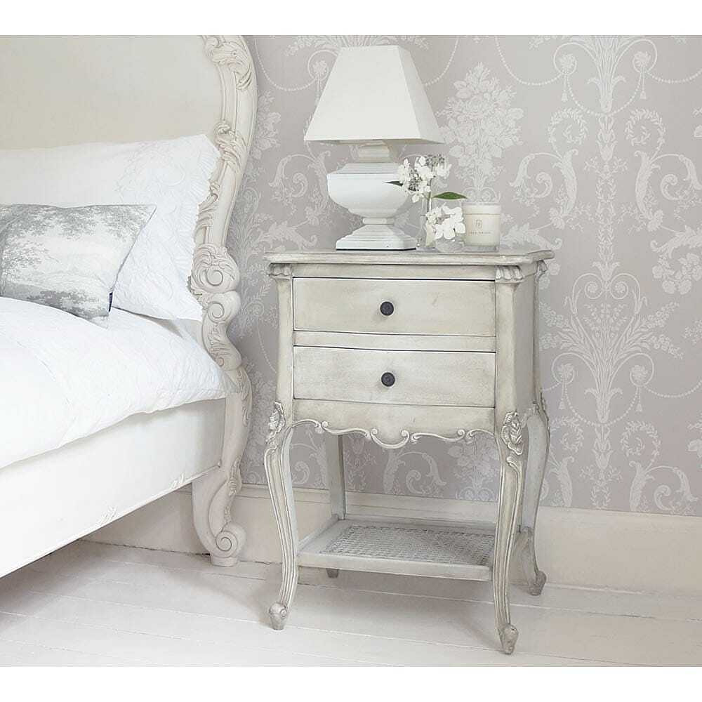French Grey 2-Drawer Rattan Bedside Table