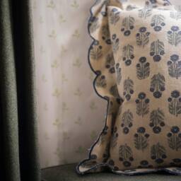 Scalloped Handblock Blue Linen Cushion - thumbnail 4