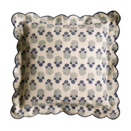 Scalloped Handblock Blue Linen Cushion - thumbnail 3