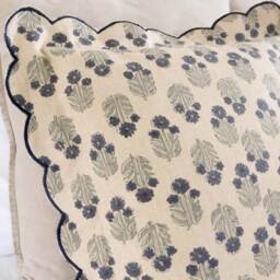 Scalloped Handblock Blue Linen Cushion - thumbnail 2