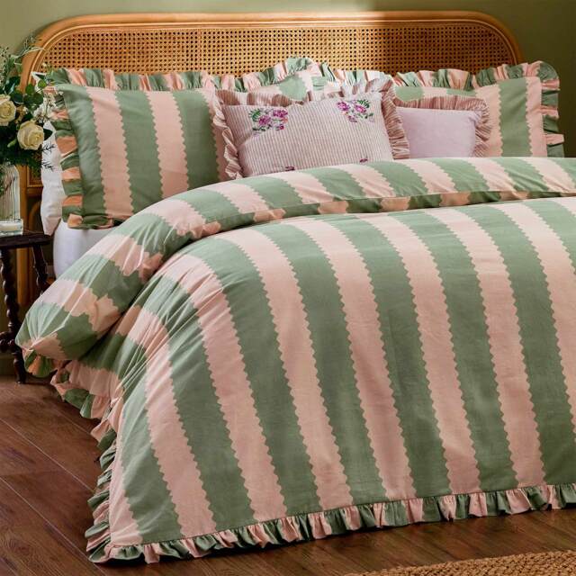 Birdie Stripe Bed Linen in Pistachio & Petal (Superking Set) - image 1