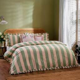 Birdie Stripe Bed Linen in Pistachio & Petal (Superking Set) - thumbnail 4