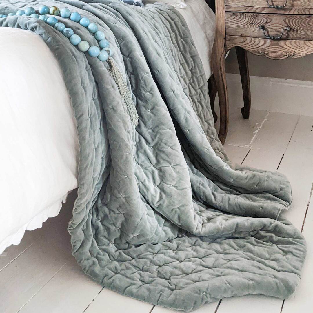 Duck Egg Blue Velvet Quilted Bedspread by French Bedroom