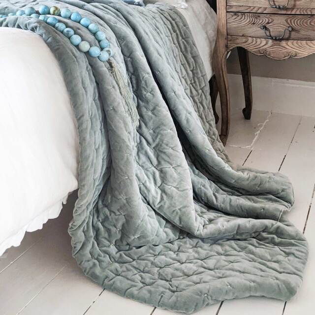 Duck Egg Blue Velvet Quilted Bedspread - image 1