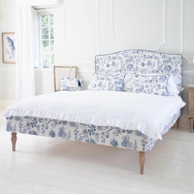 French Toile Blue Upholstered Bed (Double Bed) - image 1