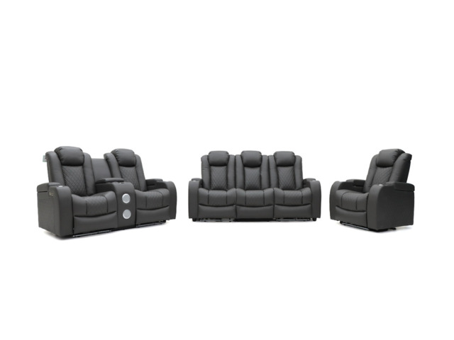 Tech 8 Smart 3+2+1 Electric Recliner Sofa Set Grey Aire Leather - image 1
