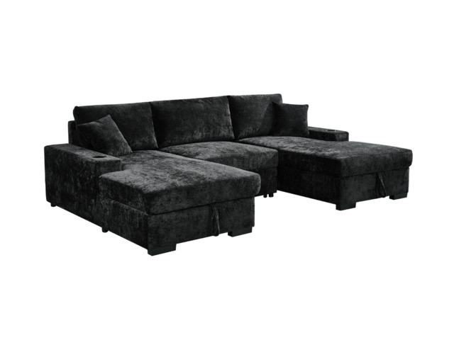 Noma U Shape Sofa Bed with Storage Black Chenille - image 1