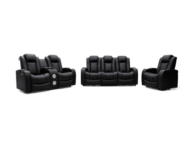 Tech 8 Smart 3+2+1 Electric Recliner Sofa Set Black Aire Leather - image 1