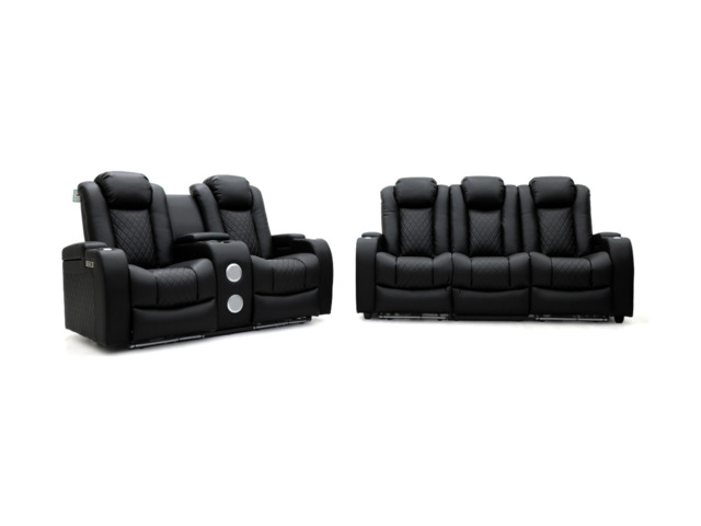 Tech 8 Smart 3+2 Electric Recliner Sofa Set Black Aire Leather - image 1