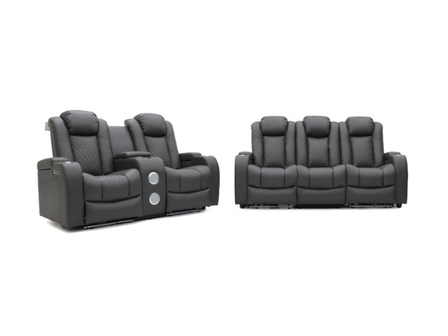 Tech 8 Smart 3+2 Electric Recliner Sofa Set Grey Aire Leather - image 1