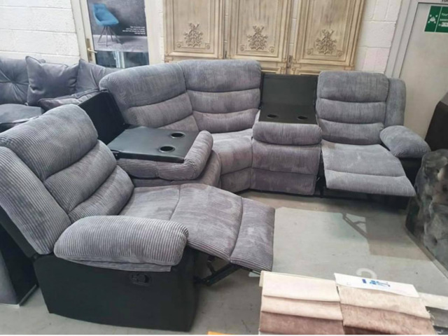 Rio Recliner Corner Sofa Grey and Black Cord and Leather with Cupholders - image 1