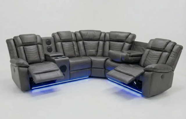 Michigan Zeus Leather Electric Recliners Corner Sofa With Cupholders, Bluetooth Speakers & LED Lights - image 1