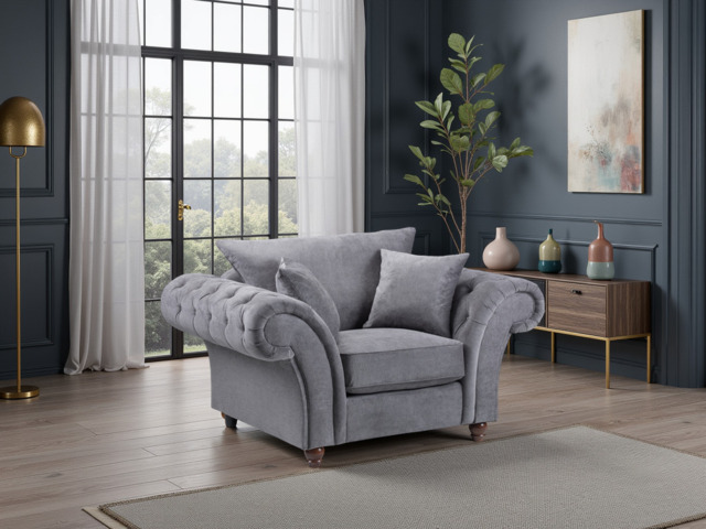 Elegant Windsor Fullback Grey Armchair: Tufted Scroll Arms, Solid Wood - image 1