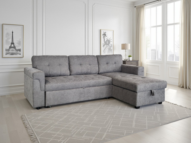 Omniya Grey Universal Corner Sofa Bed: Storage, Reversible Chaise, Plush Fabric - image 1