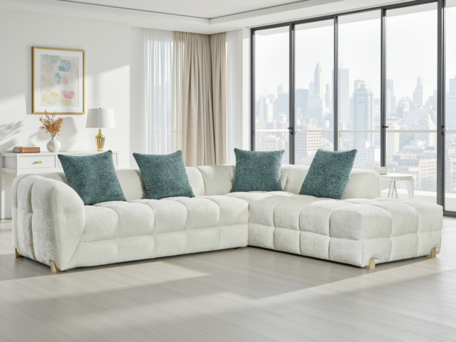 Genoa Modern L-Shape Corner Sofa Beige Right Hand Plush Cushioned Comfort