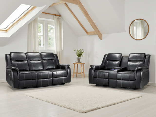 Galaxy Tech Smart Electric Recliner Sofa:  Leatheraire 3+2 Set - Black