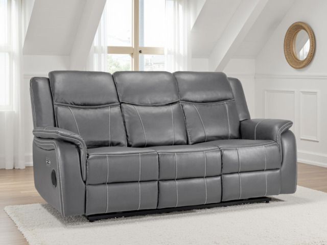 Galaxy Tech Electric Recliner 3-Seater Sofa, Grey Leather, USB Ports & Storage - image 1