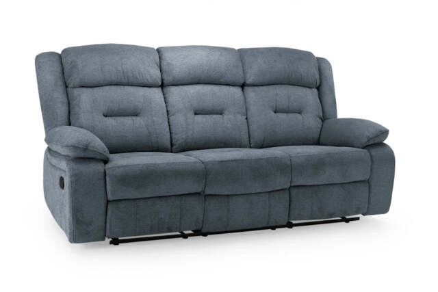 Novie Manual Recliner 3-Seater Sofa: Plush Grey Fabric, Padded Comfort, Smooth Recline