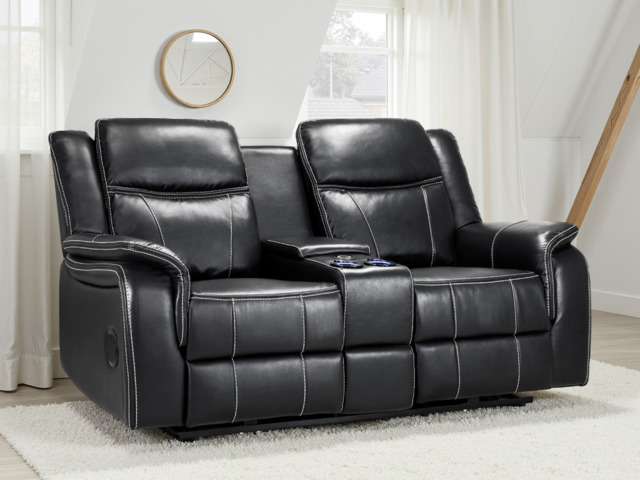 Galaxy Tech Electric Recliner 2 Seater: Black Leather, USB, Cup Holders, Storage - Black