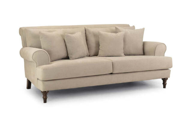 Summer Beige 3-Seater Sofa: Anti-Slip Cushions, Scrolled Arms, Wooden Feet