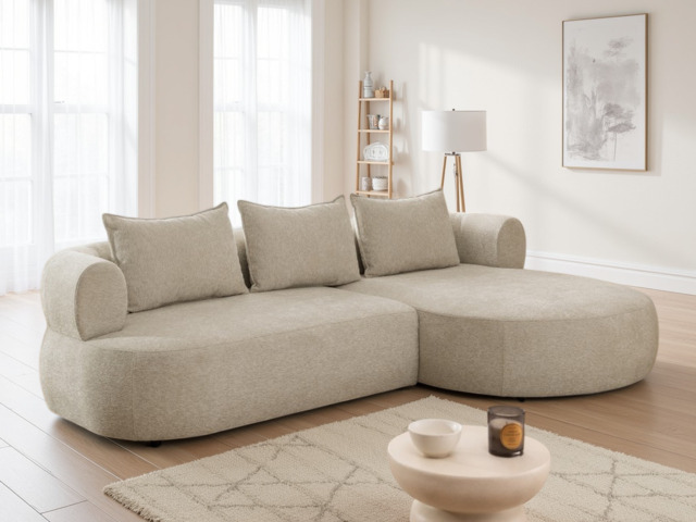 Ferro Beige Right Hand Corner Sofa: Modern Curved Design, Plush Fabric Comfort - image 1