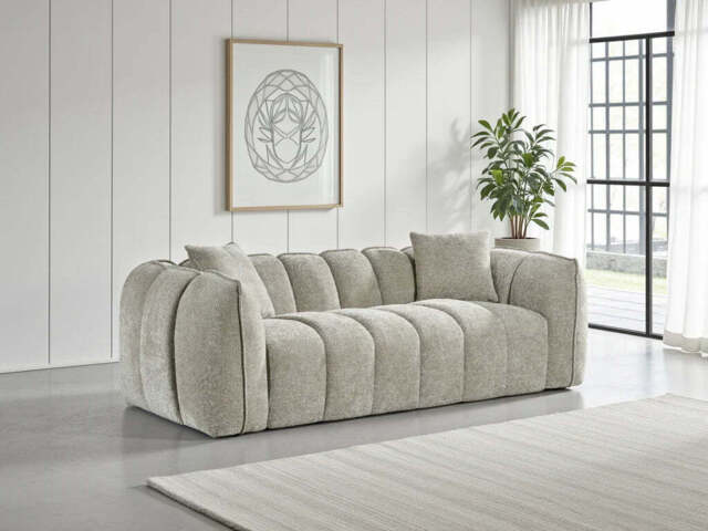 Venice Velvet 3-Seater Sofa - Tufted Design, Deep Cushions - Beige