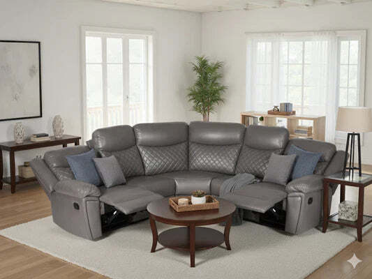 Myra Leather Air Large Corner Recliner Sofa with Quilted Cushions - Grey