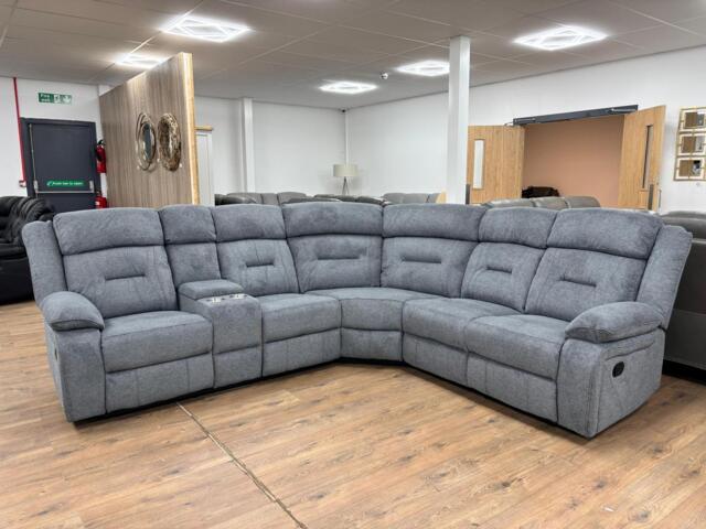 Novie Grey Fabric Large Corner Recliner Sofa with Console Storage & Cupholders