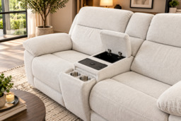 Owen Electric Recliner 2-Seater Sofa: Beige or Grey Fabric, Wireless Charging & Cupholders - thumbnail 2