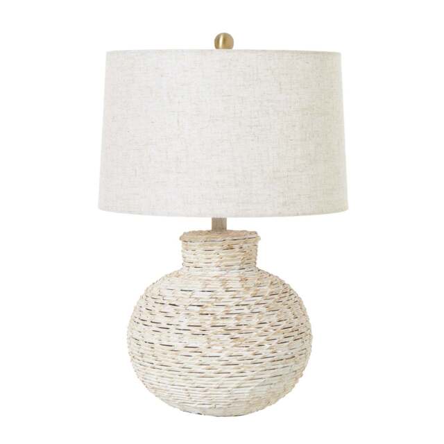 White Wash Bulbous Wicker Table Lamp With Linen Shade - image 1
