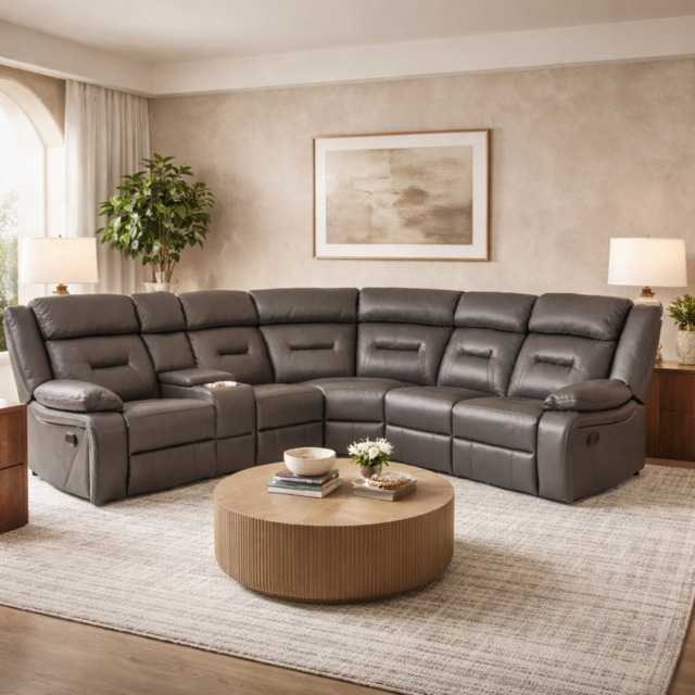 Novie Grey Leather Manual Large Corner Recliner With Console Unit - image 1