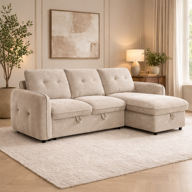 Moscow Universal L Shape Corner Sofa Bed Beige With Ottoman Storage Eastley - Kip - Quercioli - Barete - Metropolitan - Portobello - Aissa Style - image 1