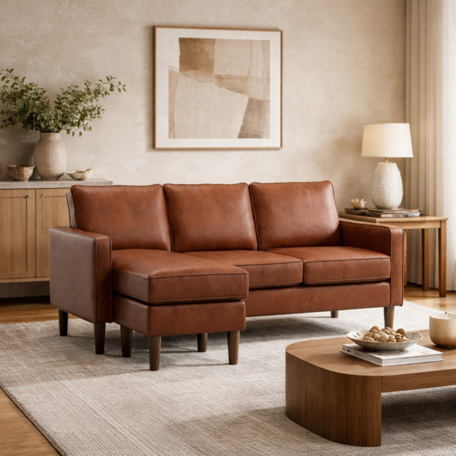 Model 46 - Reversible Chaise Sofa Faux Leather Tan - image 1