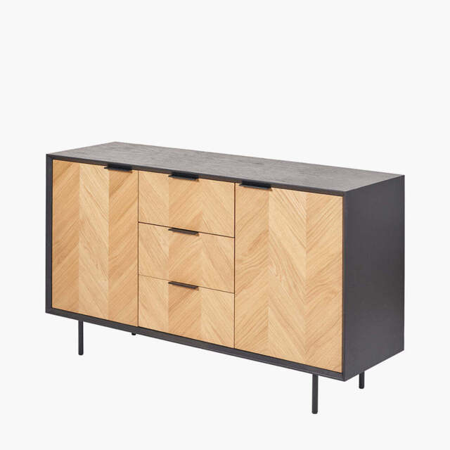 Hailee Black and Natural Chevron Oak and Pine Wood 2 Door 3 Drawer Sideboard - image 1