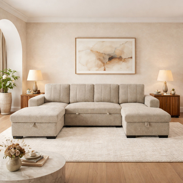 Como U Shape Sofabed With Ottoman Storage Beige Morgan - Malvern - Somerford - Calix - Euphoria - Plush Style - image 1