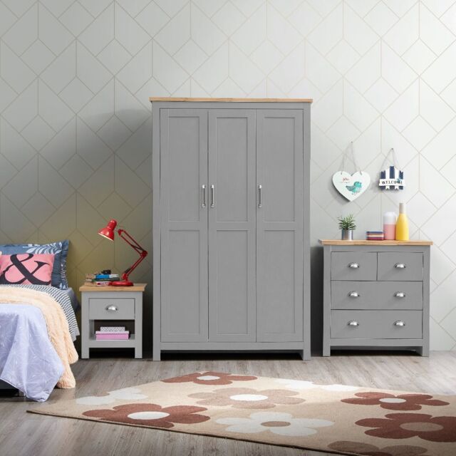 Lisbon 3 Piece Set 3 Door Wardrobe 2+2 Chest 1 Drw Bedside Light Grey - image 1