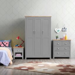 Lisbon 3 Piece Set 3 Door Wardrobe 2+2 Chest 1 Drw Bedside Light Grey - thumbnail 1