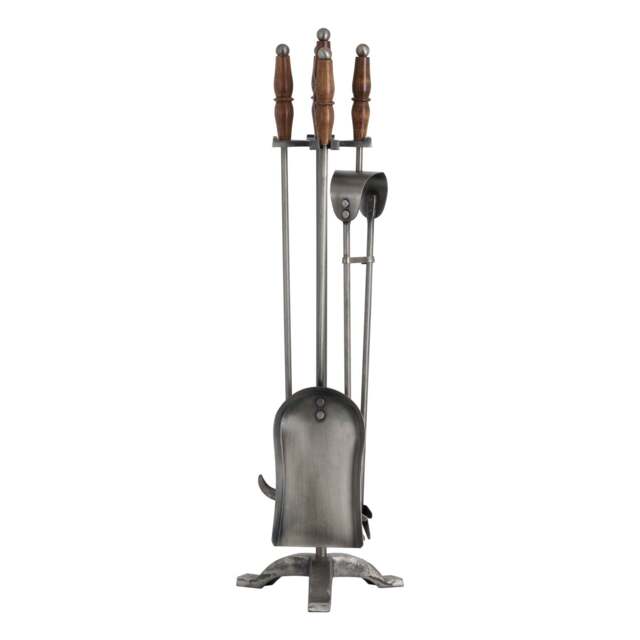 Hand Turned Fire Companion Set In Antique Pewter With Wooden Handles - image 1