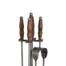 Hand Turned Fire Companion Set In Antique Pewter With Wooden Handles - thumbnail 2