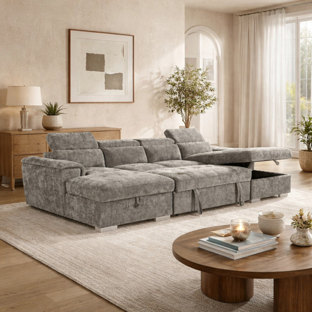 Alaya Large Grey U Shape Sofabed with Storage and Adjustable Headrests Morgan - Malvern - Somerford - Calix - Euphoria - Plush Style - image 1