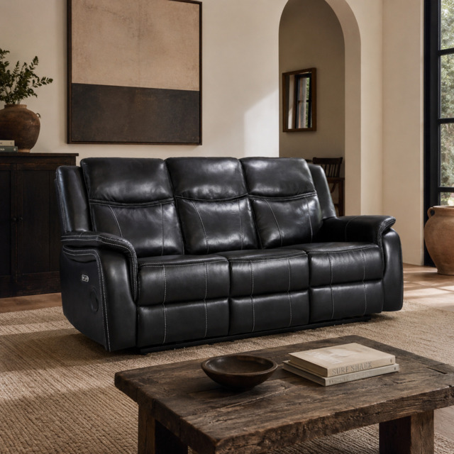 Galaxy Tech Power Reclining 3 Seater Sofa Black Leather - image 1